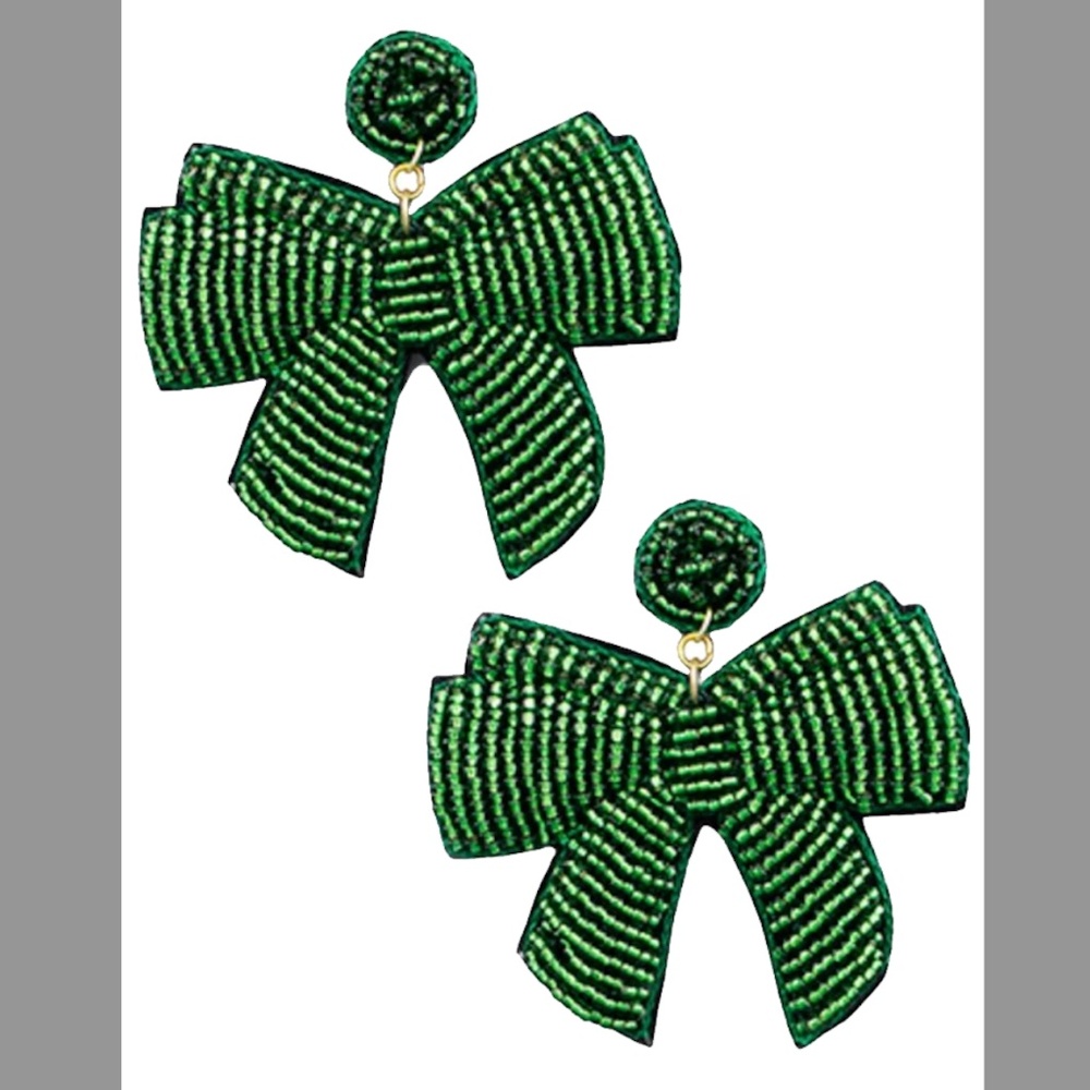 Green Beaded Bow Earrings
